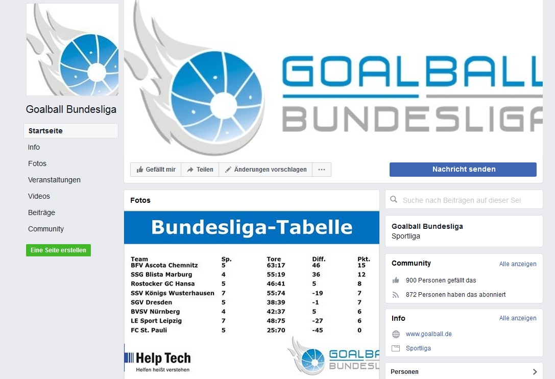 Screenshot Goalball Bundesliga Facebook-Seite