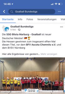 Facebookseite Goalball Bundesliga Meister Marburg
